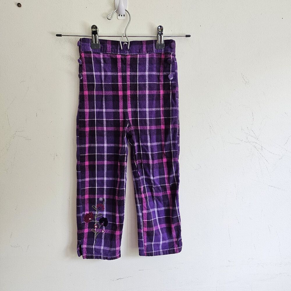 Vintage MC Kids Toddler 4T Purple plaid pants with embroidered flowers. Button